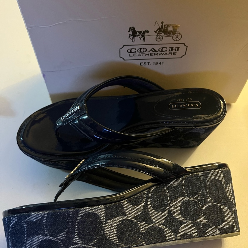 Coach sz9 Women's Navy Denim and Platform Wedge Sandals